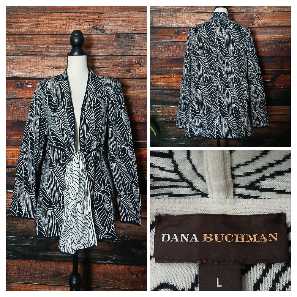 Dana Buchman Cardigan Sweater L Black White Leaf Print Tie Front 100% Cotton